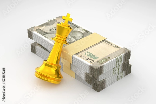 Obraz Indian Rupee 500 with Gold Chess King - 3D Render Illustration