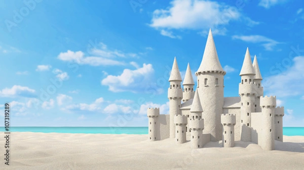 Fototapeta Sandcastle beach on bright sky. 3d rendering