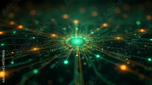Fototapeta Radiating green and orange circuit lines, central glowing hub, futuristic tech design