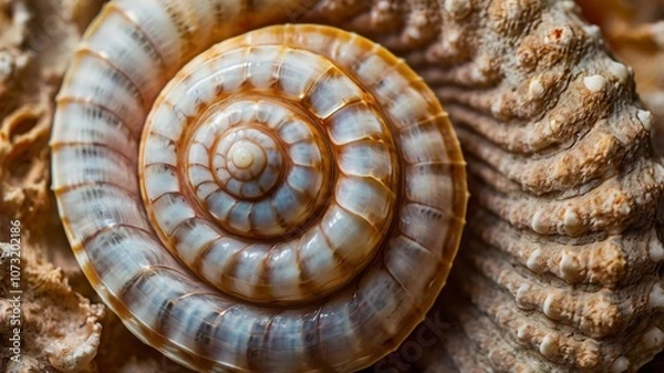 Obraz A mesmerizing top view of a spiral shell with intricate, detailed patterns. The close-up image captures the natural symmetry and beauty of the shell’s design, showcasing the wonders of marine life.