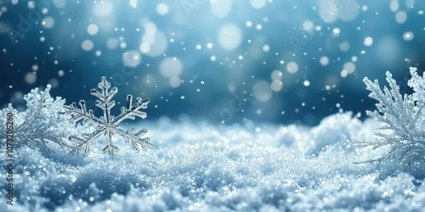 Fototapeta Sparkling Snowflakes on a Winter Wonderland Background with Snowdrifts and Soft Bokeh Effect, Ideal for Festive Seasonal Ideas and Celebrations