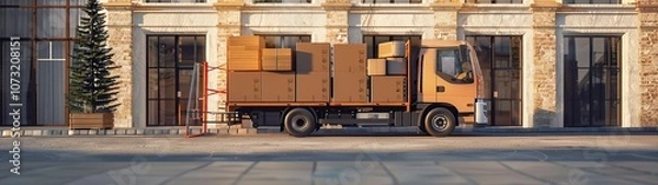 Fototapeta A white delivery truck is parked by a building with boxes
