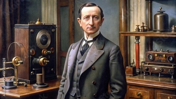 Obraz A realistic portrait of Guglielmo Marconi in early 20th-century European attire, standing near a vintage radio and telegraph equipment