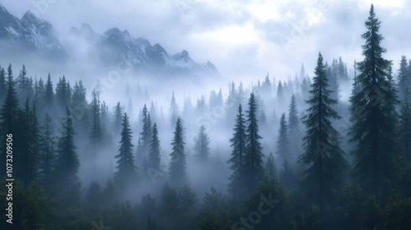 Fototapeta Mysterious fog blankets a dense forest of evergreens, creating an enchanting and serene atmosphere.