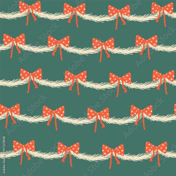 Fototapeta Holiday seamless pattern with bows and branches. Classic winter print. Vector hand drawn illustration.
