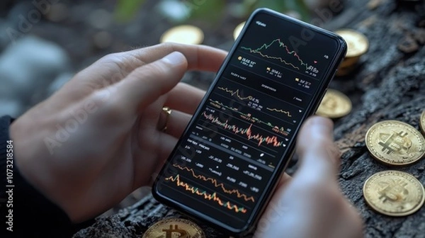 Obraz Analyzing cryptocurrency trends on a smartphone with digital coins nearby.