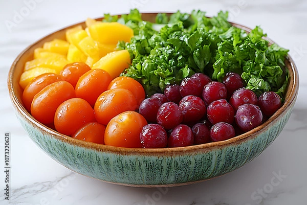 Fototapeta Fresh organic fruits, vegetables, and grains arranged on a rustic table, promoting a healthy eating and natural lifestyle with vibrant colors and clean ingredients.
