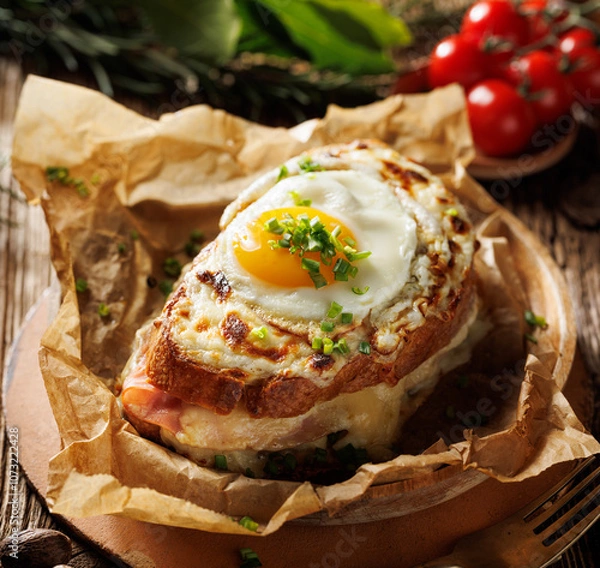Obraz Croque Madame sandwich with the fried egg on the top, close up view. Traditional french hot sandwich