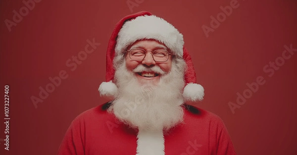 Fototapeta Smiling Santa Claus with Space for Copy on Red Background