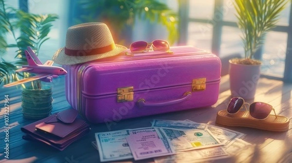 Fototapeta Pink suitcase with travel essentials, including a hat, sunglasses, passport, and money, on a wooden table.