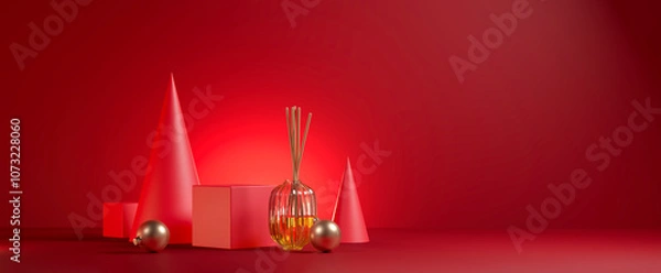 Obraz The red horizontal minimal scene with diffuser and gold ornament Christmas theme. 3d rendering.