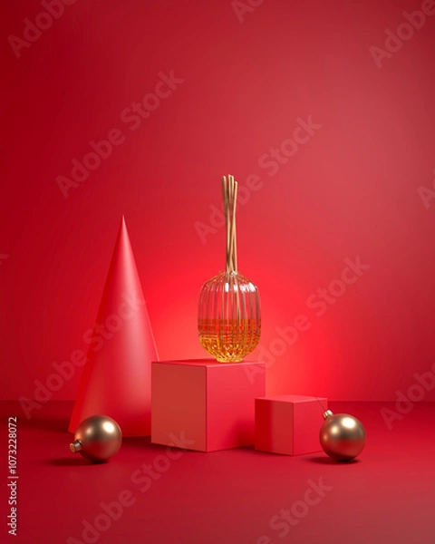 Fototapeta The red vertical minimal scene with diffuser and gold ornament Christmas theme. 3d rendering.