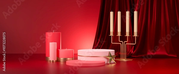 Obraz Festive premium red scene with gold and red candle, red curtain and product stand. 3d rendering.