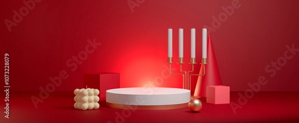 Obraz Festive minimal red  podium scene with candle and pedstal. 3d rendering.