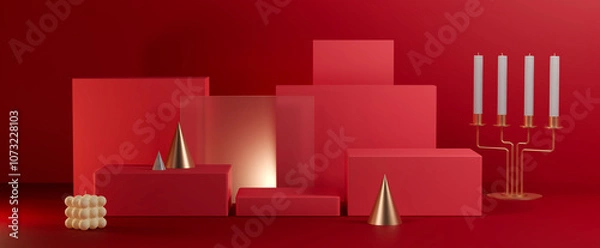 Obraz Red premium stand minimal scene festive theme with candle and gold ornament. 3d rendering.