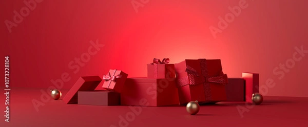 Obraz Red gift boxs group festive scene and gold ornament. Red Banner. 3d rendering.