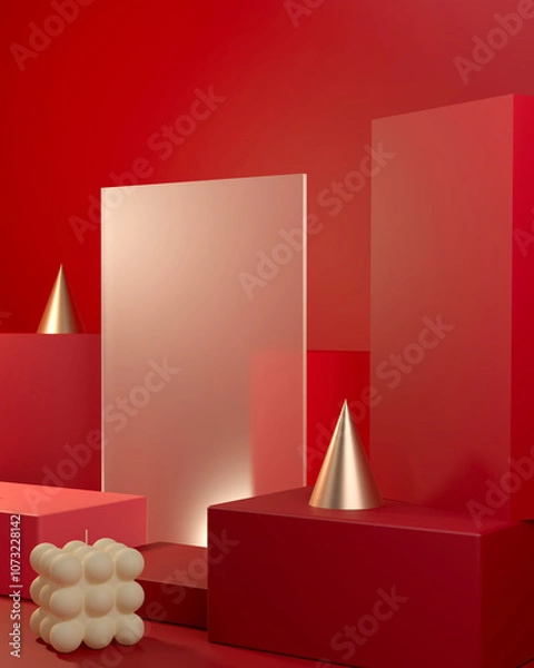 Obraz Red premium stand minimal vertical scene festive theme with candle and gold ornament. 3d rendering.