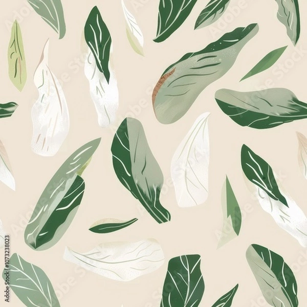 Fototapeta Seamless Minimal Pattern of Endive Leaves on a Soft Beige Background Ideal for Fabric Design and Home Decor Inspirations