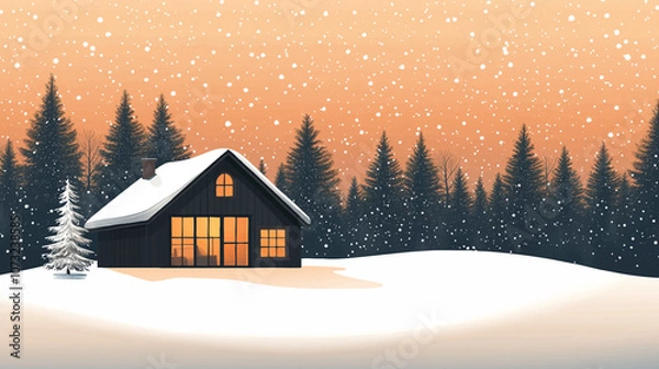 Fototapeta Cozy winter cabin nestled in a snowy forest glade, with a warm glow emanating from its windows. Vector flat minimalistic isolated illustration.