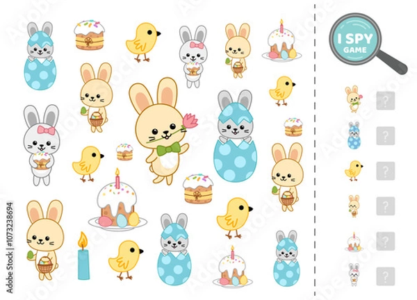 Fototapeta I spy game for kids with chick, rabbit and cake. Search and count how many. Math game. Isolated vector illustration eps 10