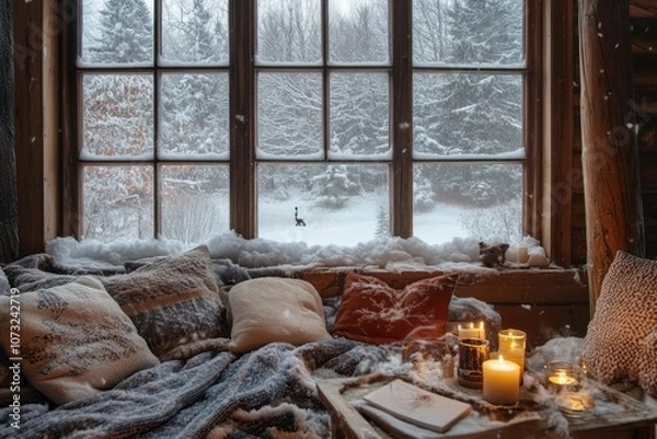 Fototapeta Cozy Cabin Window with Snow-Covered View and Burning Candles