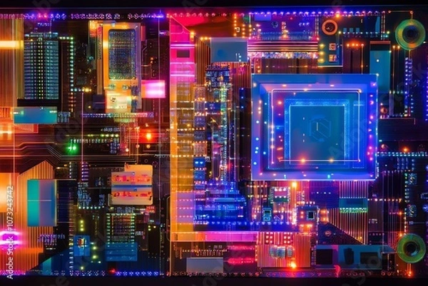 Fototapeta Vibrant circuit board with glowing geometric forms.