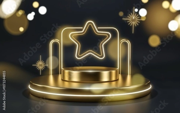 Fototapeta A golden, glowing empty podium with a star surrounded by sparkling lights, creating a festive and celebratory atmosphere. Perfect for event promotions, award ceremonies, and festive celebrations