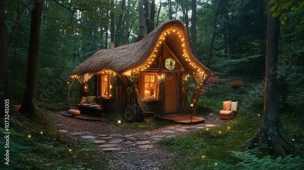Fototapeta tiny house with a thatched roof, surrounded by fairy lights in a dense forest