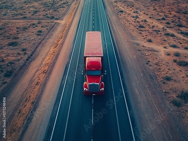 Obraz A red truck drives down a deserted highway, surrounded by a rugged landscape under a clear sky.
