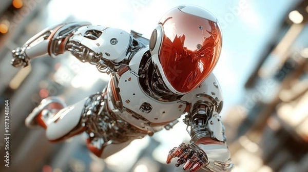 Fototapeta A sleek, metallic robot with a reflective visor soars through a futuristic cityscape, embodying advanced technology and innovation in near-futuristic environments.