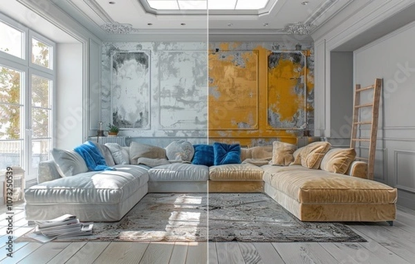 Obraz Half-Renovated Berlin Apartment Room with Skylight and Parquet Floor