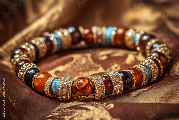 Fototapeta Elegant beaded bracelet with intricate gold accents on a luxurious brown fabric background, showcasing a mix of rich colors and detailed craftsmanship.