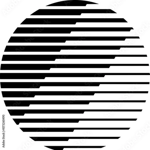 Fototapeta A circle filled with horizontal black stripes that have irregular, stepped breaks creating a dynamic pattern against a white background. Vector outline icon.