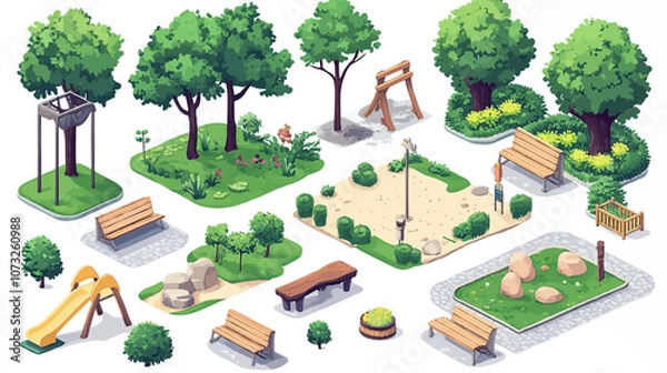Fototapeta Isometric 3d illustration park trees forest nature elements flat design background for landscape design. Vector isolated for a city map, games, and your town.