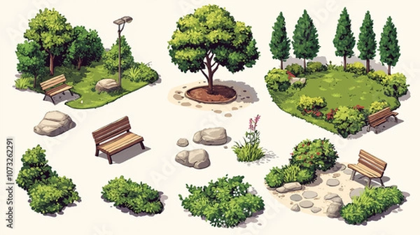 Fototapeta Isometric 3d illustration park trees forest nature elements flat design background for landscape design. Vector isolated for a city map, games, and your town.