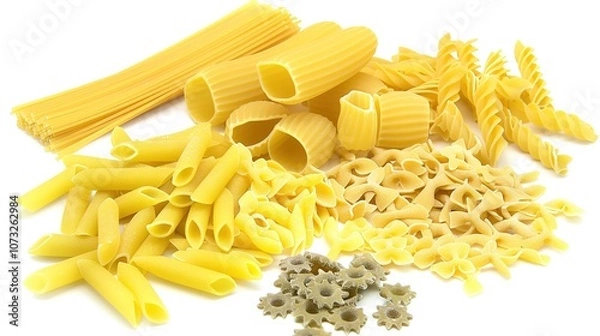 Fototapeta Italian Raw Pasta Ingredients on White Background - a delicious and inviting visual. The Italian raw pasta ingredients on the white background create a simple yet appetizing look. It gives the impress