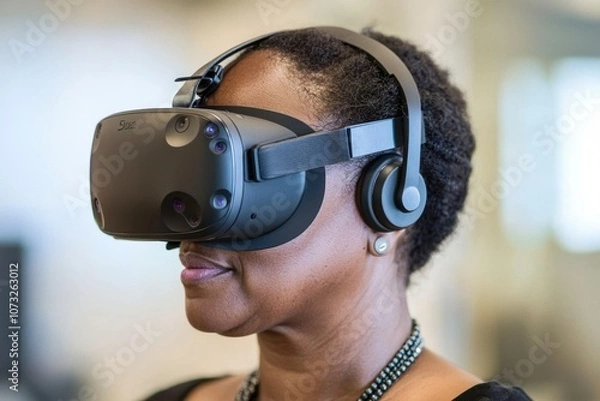 Fototapeta A woman engages with virtual reality equipment, fully immersed in an interactive experience. The setting is a contemporary office filled with natural light
