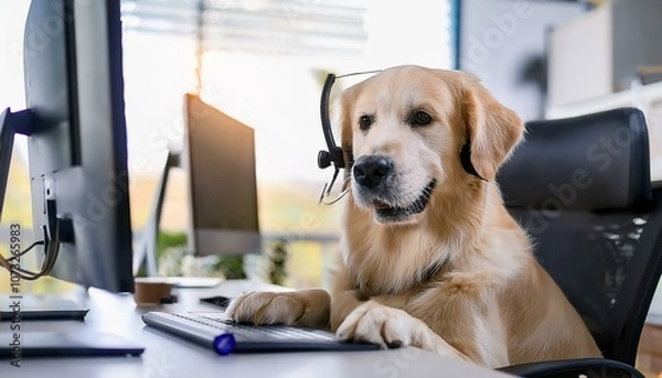 Fototapeta Dog customer service agent at a call center desk. Cute golden retriever puppy in a headset