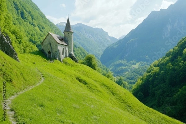 Fototapeta A Serene Medieval Village Nestled in Lush Valleys Beneath Majestic Mountains and a Charming Castle