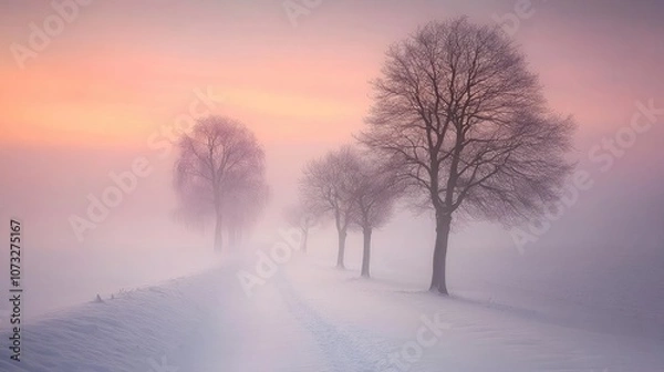 Fototapeta A calm winter morning with snow covering the trees and ground, casting a peaceful silence across the landscape