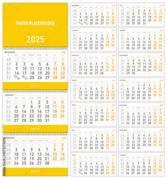 Obraz vector illustration, wall quarterly calendar 2025 with week numbers starting from Monday
