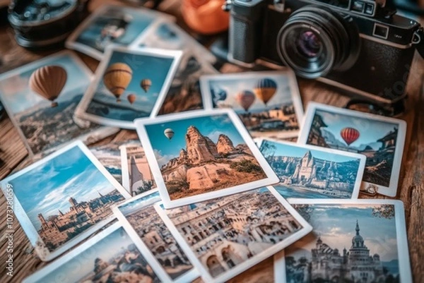 Fototapeta A camera sits on a table with a bunch of pictures of different places