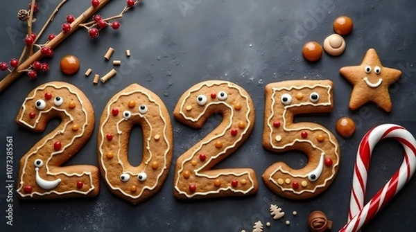 Fototapeta Christmas gingerbread cookies with New Year's caramel candies on a dark gray photo. New Year card with Christmas gingerbread and the number 2025. New Year card.