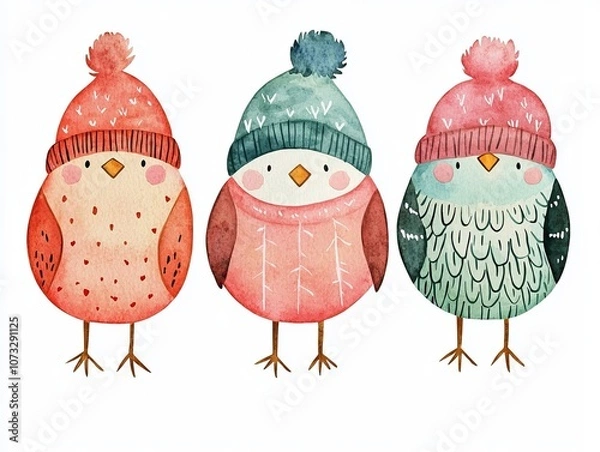 Obraz Colorful trio of cute, cartoon-style birds wearing knitted hats, perfect for a whimsical winter theme or children's illustrations.