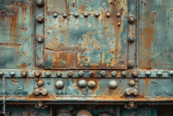 Obraz Photo of Side view of rust metal wall of railway wagon side part. Background texture for backdrops or mapping