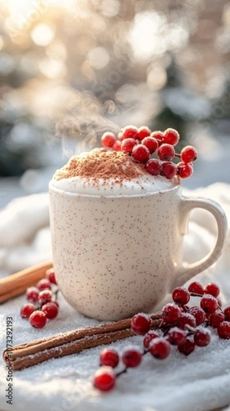 Fototapeta Photography of a warm cup of cocoa with steam, cinnamon and rowan berries nearby, soft winter sunlight and snowy trees in the background, space for text above