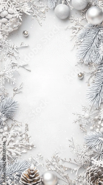 Fototapeta Elegant winter frame with silver ornaments, frosted branches, pinecones, and snowflakes on a bright white background. Ideal for Christmas cards, holiday branding, or seasonal design projects