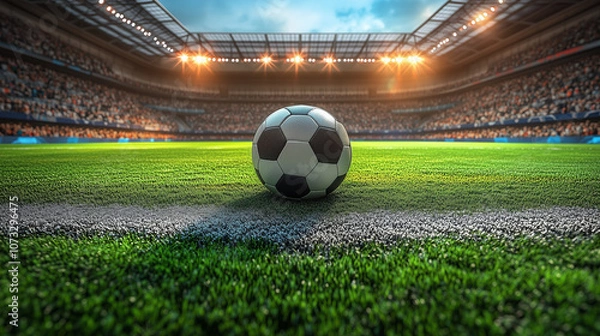 Fototapeta soccer ball on stadium with night light soccer stadium background, soccer ball background for web design or gaming
