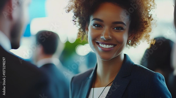 Fototapeta Confident Businesswoman Smiling at Networking Event with Colleagues - professional networking event, engaging with colleagues and fostering connections in a vibrant office environment.