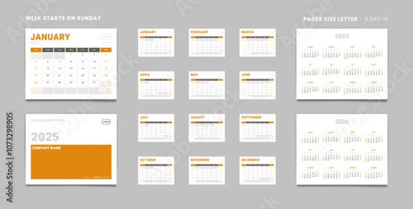 Fototapeta Set of 2025 Pages Monthly Calendar Planner Templates, Cover with Place for Photo, Company Logo, Annual 2025-2026. Calendar Vector pages size Letter-8.5x11in with 2 weekend for print Week start Sunday